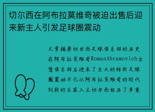 切尔西在阿布拉莫维奇被迫出售后迎来新主人引发足球圈震动